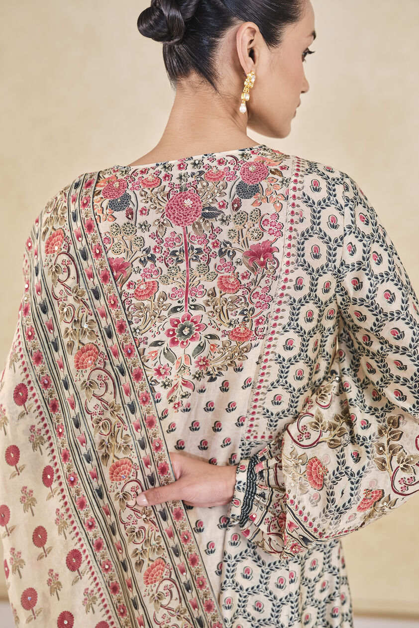 Demoiselle Printed Sequin Silk Suit Set - Cream, Cream, image 6